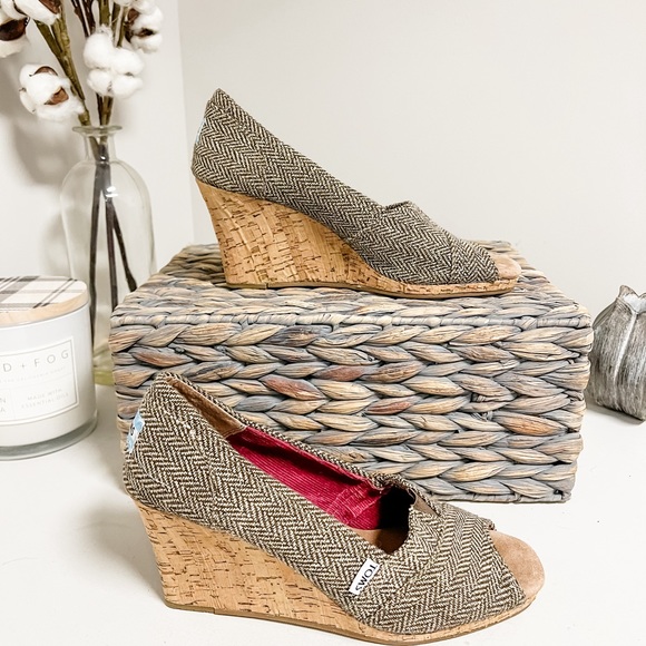 Toms Brown Metallic Herringbone Peeptoe Cork Wedges Size 9W - Picture 2 of 5